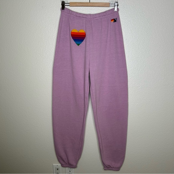 Aviator Nation Rainbow Heart Stitch Sweatpants Mauve large - Picture 1 of 15